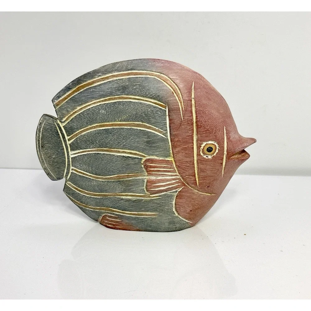 Hand Carved Wooden Fish Sculpture Tropical Ocean Decor Hand Painted Boho Modern